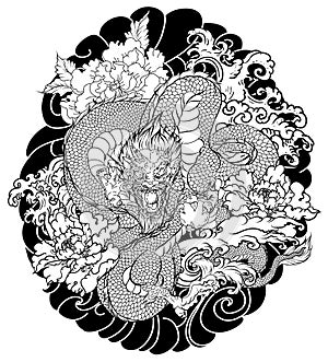 Japanese old dragon tattoo for arm.Hand drawn Dragon with peony flower,