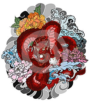 Japanese old dragon tattoo for arm.Hand drawn Dragon with peony flower,