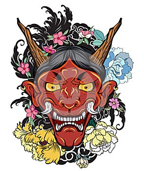 Japanese old dragon tattoo for arm.hand drawn Oni mask with cherry blossom and peony flower.Japanese demon mask on wave and sakura
