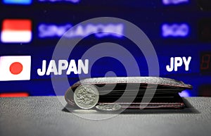 Japanese one hundred Yen coins on obverse JPY and one coin laying on black floor with black wallet and digital board of currency