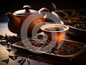 Japanese organic traditional Hojicha tea upclose photo with teaware in the background. Generative AI