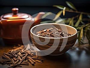 Japanese organic traditional Hojicha tea upclose photo with teaware in the background. Generative AI