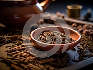 Japanese organic traditional Hojicha tea upclose photo with teaware in the background. Generative AI