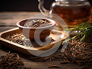 Japanese organic traditional Hojicha tea upclose photo with teaware in the background. Generative AI