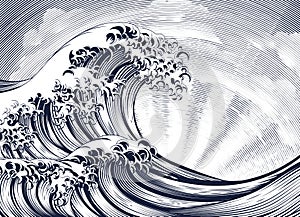 Japanese Oriental Wave Etching Engraved Woodcut