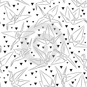 Japanese Origami white paper cranes set sketch seamless pattern, symbol of happiness, luck and longevity, black on white backgroun