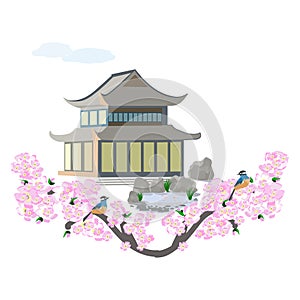 Japanese pagoda with cherry blossom branch.