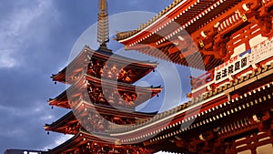 Japanese Pagoda and hozomon gate at senso-ji shrine in Tokyo after sunset.