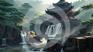 Japanese pagoda with waterfall. Generative AI