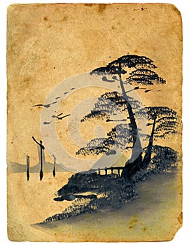 Japanese painting. Old postcard.