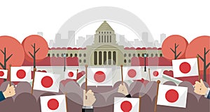 Japanese parliament building and national flags vector banner illustration