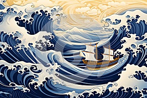 Japanese pattern, Sailing ship in the sea, ocean wave, Generated AI