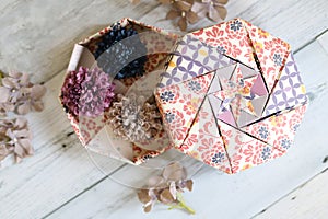 Japanese patterned chic hexagonal origami box with lid