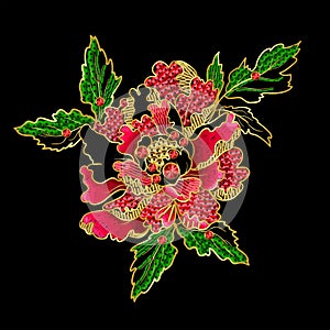 Japanese peony flowers embroidery with sequins and beads