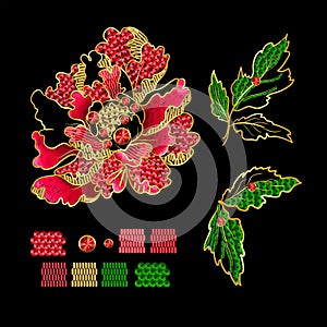Japanese peony flowers embroidery with sequins and beads for print of textile