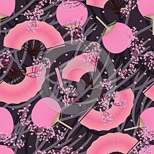 Japanese pink fan cherry seamless pattern