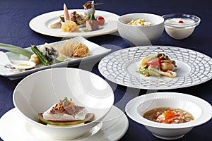 Japanese platters of fresh seafood, cod, soup and sushi