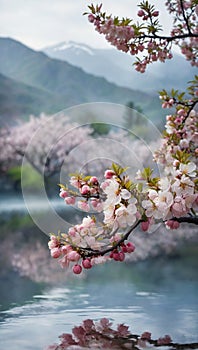 Japanese plum and peach tree branches in full bloom