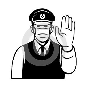 Japanese Policeman or Police Officer Wearing Face Mask Showing Stop Hand Signal Black and White Cartoon