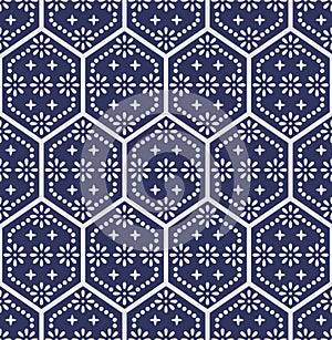 Japanese Pretty Flower Hexagon Dot Vector Seamless Pattern