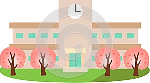Japanese public school building with Spring cherry tree