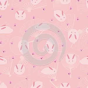 Japanese rabbit fan pink seamless pattern