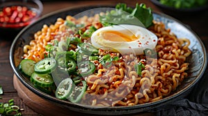 japanese ramen dish, savor a bowl of flavorful ramen topped with veggies and a boiled egg, a classic japanese delicacy photo