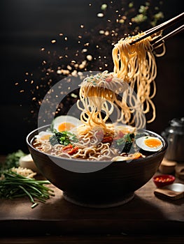 Japanese ramen, floating noodle soup dish, broth, noodles, meat, vegetables. Cinematic advertising photography