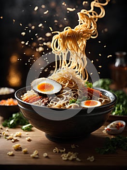 Japanese ramen, floating noodle soup dish, broth, noodles, meat, vegetables. Cinematic advertising photography