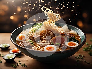 Japanese ramen, floating noodle soup dish, broth, noodles, meat, vegetables. Cinematic advertising photography