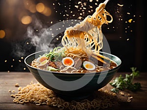 Japanese ramen, floating noodle soup dish, broth, noodles, meat, vegetables. Cinematic advertising photography