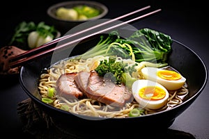 japanese ramen noodle with pork and egg on black background, Miso Ramen Asian noodles with egg, pork and pak choi cabbage in bowl