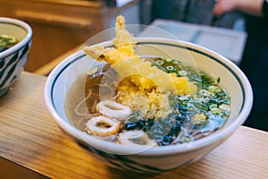 Japanese Ramen noodle with tempura shrimp.