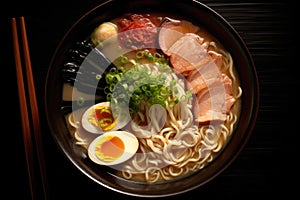 Japanese ramen noodles soup with pork, egg, scallion and seaweed. Generative AI.