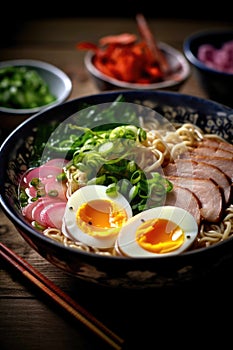 Japanese ramen noodles soup with pork, egg, scallion and seaweed. Generative AI.