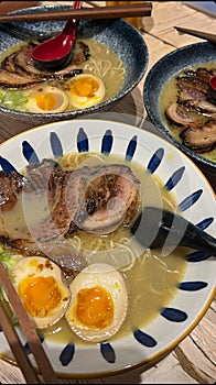 Japanese ramen with prok slice and half boiled egg