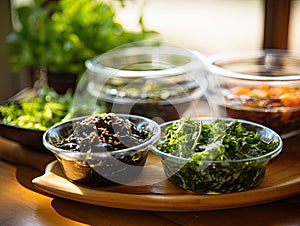 Japanese raw vegan organic delicious and tasty marinated chuka wakame salad and seaweed nori salad dishes in glass bowls