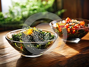 Japanese raw vegan organic delicious and tasty marinated chuka wakame salad and seaweed nori salad dishes in glass bowls