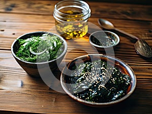 Japanese raw vegan organic delicious and tasty marinated chuka wakame salad and seaweed nori salad dishes in glass bowls