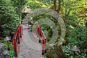 Japanese red bridge at Butchart Gardens, Victoria, Canada