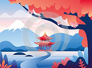 Japanese red castle and snowy Fuji mountain peak illustration