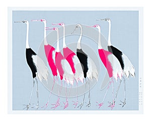 Japanese red crown cranes vintage illustration wall art print and poster design remix from original artwork