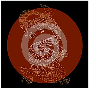 Japanese red dragon tattoo. Dragon on red background for Chinese New Year. Gold Chinese Dragon vector.