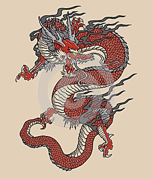 Japanese Red Dragon Tattoo Illustration. Full color vector art.