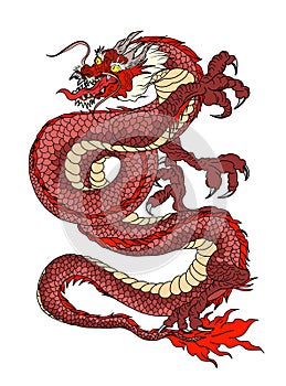 Japanese red dragon on white.