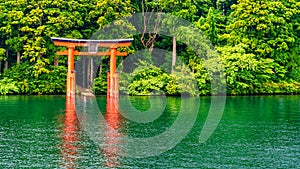 Japanese Red Gate, Torii, in Lake, Hakone