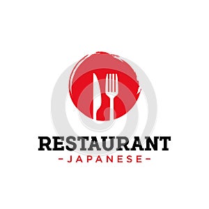 Japanese restaurant logo design vector template illustration. consisting of a Japan flag and fork and knife icon