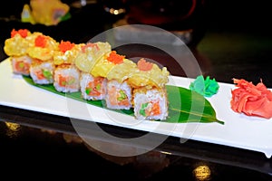 The Japanese restaurant, the rolls are shrimp tempura, salmon sa
