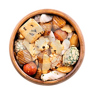 Japanese rice crackers, Arare crackers, in a wooden bowl