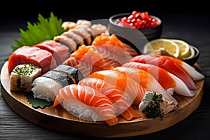 japanese rice roll meal sushi seafood fish japan food set. Generative AI.